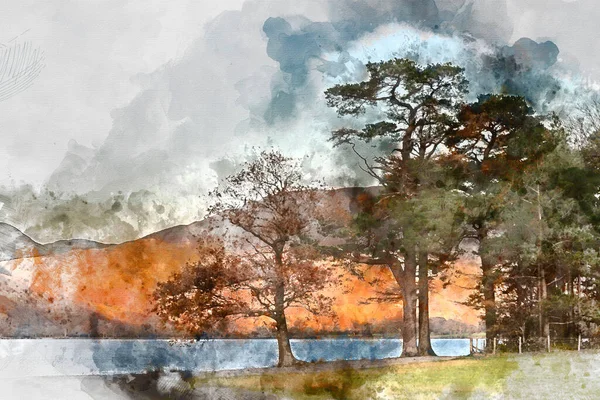 Digital Akvarell Målning Fantastisk Episk Höst Fall Landskap Buttermere Lake — Stockfoto
