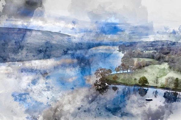 Digitale Aquarellmalerei Von Atemberaubenden Drohnen Landschaftsaufnahmen Über Coniston Water Bei — Stockfoto