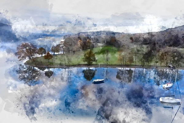 Digitale Aquarellmalerei Von Atemberaubenden Drohnen Landschaftsaufnahmen Über Coniston Water Bei — Stockfoto