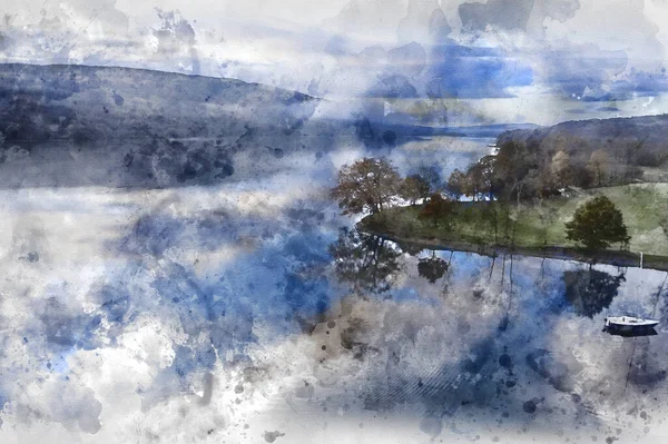 Pintura Aquarela Digital Imagens Impressionantes Paisagem Drone Aéreo Sobre Coniston — Fotografia de Stock