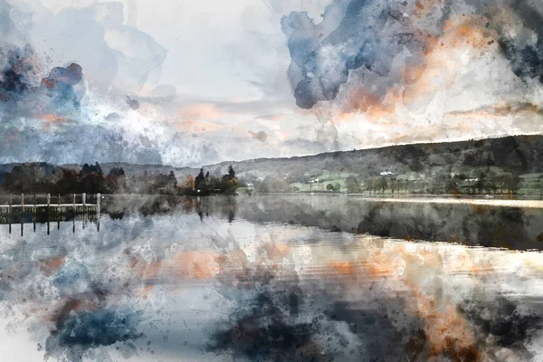Digitale Aquarellmalerei Der Schönen Sonnenaufgangslandschaft Über Coniston Water Herbst Mit — Stockfoto