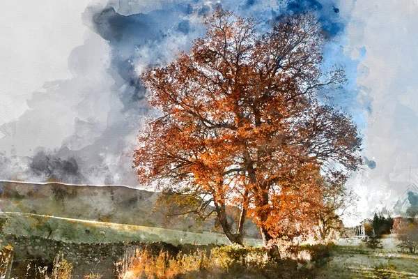 湖区农村美丽秋色风景的数字水彩画 山上挂着美丽的金色光芒 — 图库照片