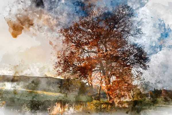 Digital Akvarell Målning Vackra Hösten Hösten Fall Landskap Landsbygden Lake — Stockfoto