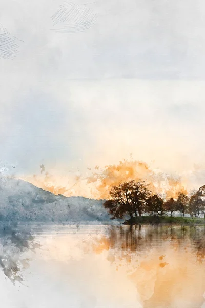 Digitális Akvarell Festmény Gyönyörű Napkelte Táj Felett Coniston Víz Ősszel — Stock Fotó