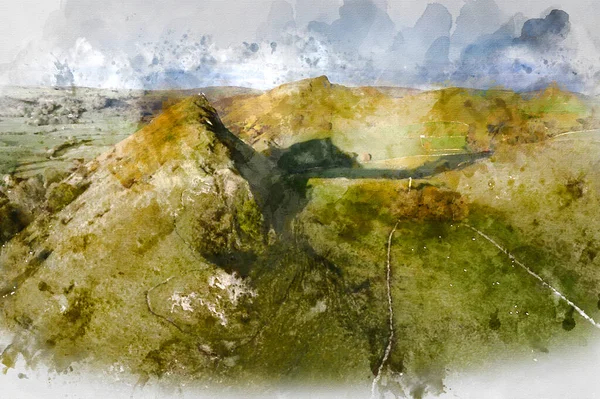 Digital Watercolor Painting Beautiful Aerial Drone Landscape Image Peak District — Stock Photo, Image