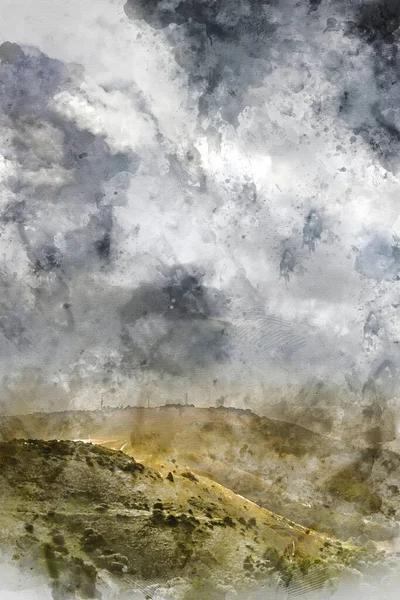 Pintura Digital Acuarela Hermoso Paisaje Verano Imagen Escarpa Con Nubes — Foto de Stock