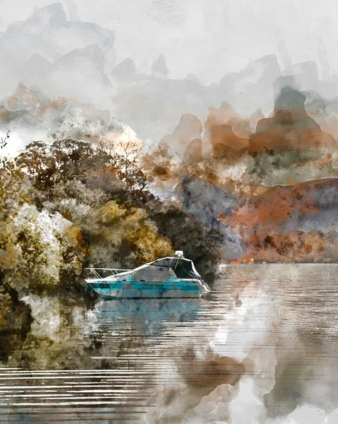 Digital Watercolor Painting Landscape Image Boat Moored Ullswater Lake District — Stock Photo, Image