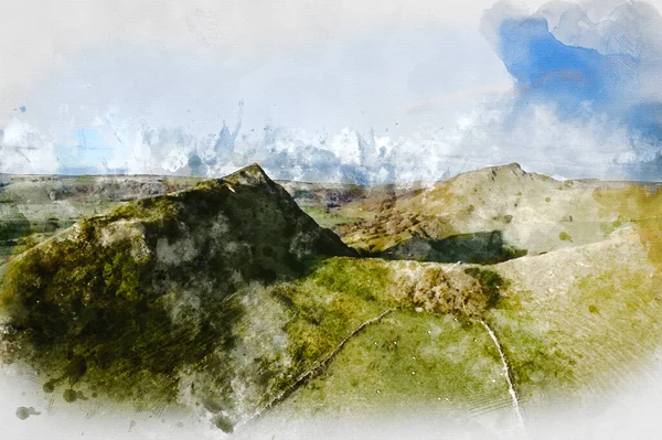 Digital Watercolor Painting Beautiful Landscape Image Peak District Countryside Sunrise — Stock Photo, Image