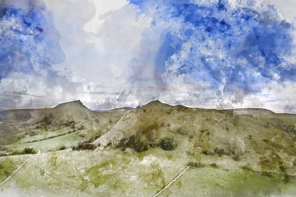 Digital Watercolor Painting Beautiful Landscape Image Peak District Countryside Sunrise — Stock Photo, Image