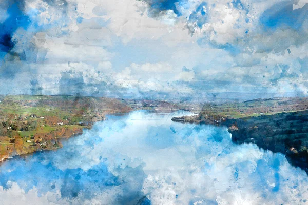 Pintura Digital Acuarela Otoño Épico Paisaje Otoño Ullswater Montañas Colinas — Foto de Stock
