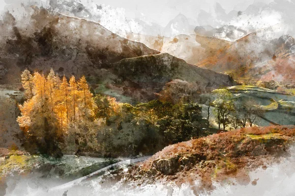 Цифровий Акварельний Живопис Осіннього Ландшафту Відсвічених Личинок Долинах Sleet Fell — стокове фото