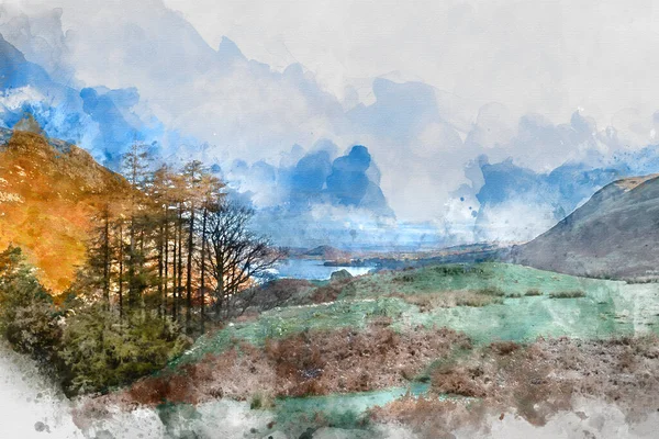 Digitální Akvarel Malba Epic Podzim Podzim Krajina Ullswater Okolních Hor — Stock fotografie