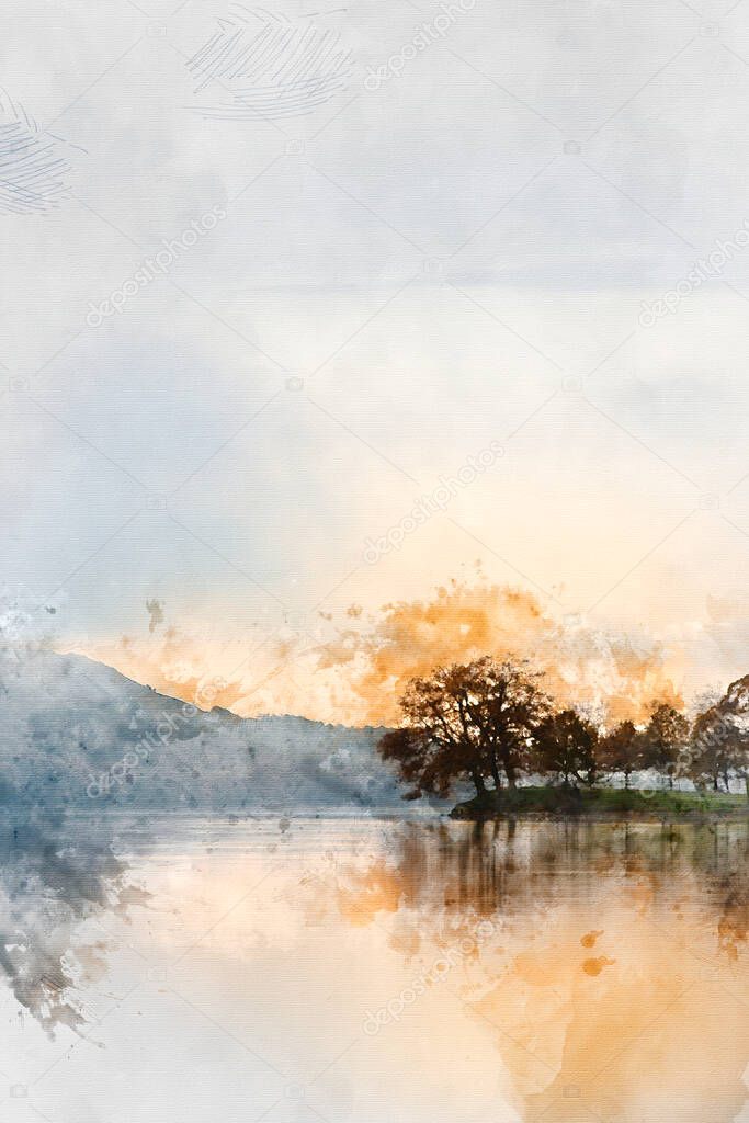 Digital watercolor painting of Beautiful sunrise landscape over Coniston Water during Autumn with mist and wispy clouds