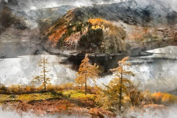 Digital Watercolor Painting Epic Autumn Fall Landscape Hawes Water Epic — Stock Photo, Image