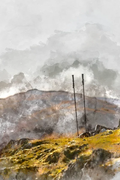 ภาพวาดส ตอลของเสาเด นและกระเป าเป สะพายหล งบนพ นของเน นเขาในเขตทะเลสาบเท อกเขาและสดใส ใบไม — ภาพถ่ายสต็อก