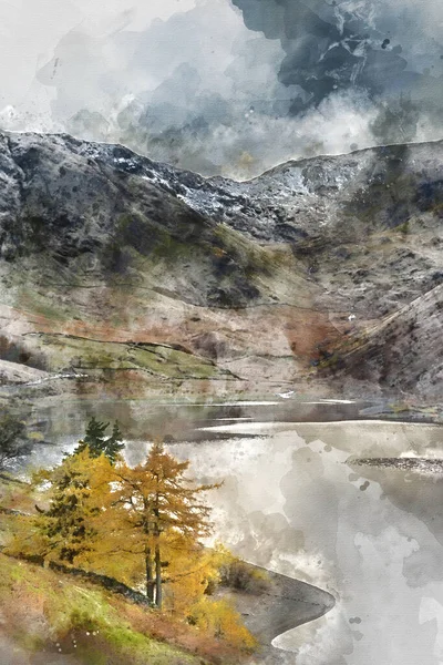 Digital Watercolor Painting Epic Autumn Fall Landscape Hawes Water Epic — Stock Photo, Image