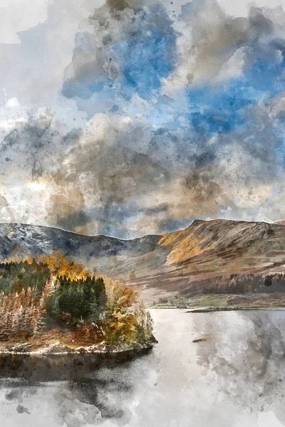 Digital Watercolor Painting Epic Autumn Fall Landscape Hawes Water Epic — Stock Photo, Image