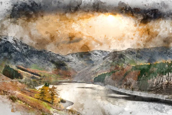 Digital Watercolor Painting Epic Autumn Fall Landscape Hawes Water Epic — Stock Photo, Image