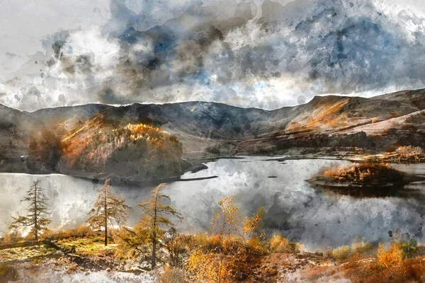 Digital Watercolor Painting Epic Autumn Fall Landscape Hawes Water Epic — Stock Photo, Image