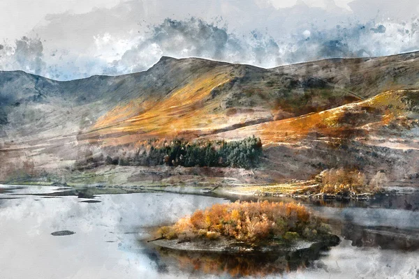 Digital Watercolor Painting Epic Autumn Fall Landscape Hawes Water Epic — Stock Photo, Image