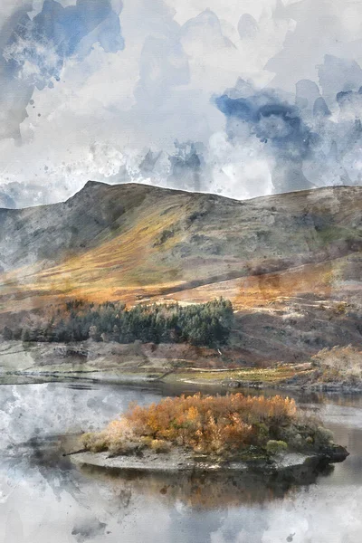 Digital watercolor painting of Epic Autumn Fall landscape of Hawes Water with epic lighting and dramatic sunlight in Lake District
