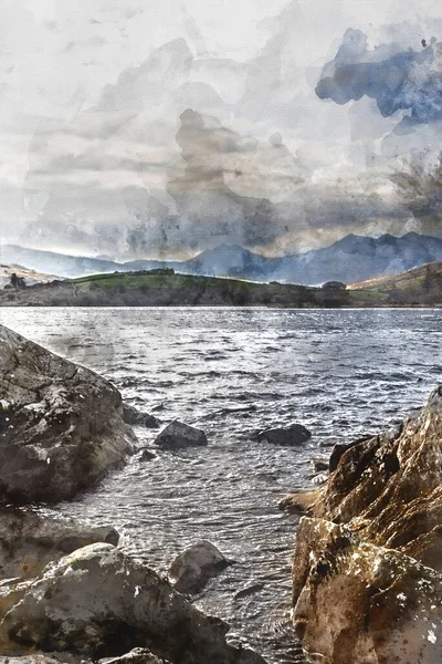 Digitální Akvarel Malba Krásné Epické Krajiny Llynnau Mymbyr Snowdon Vrchol — Stock fotografie