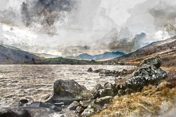 Digitální Akvarel Malba Krásné Epické Krajiny Llynnau Mymbyr Snowdon Vrchol — Stock fotografie