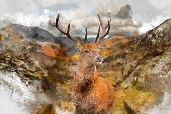 壮大な秋のデジタル水彩画背景の山の風景の前に赤い鹿の像の秋の風景 — ストック写真