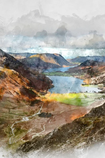 Cyfrowe Malarstwo Akwarelowe Epicka Jesień Jesień Krajobraz Buttermere Crummock Woda — Zdjęcie stockowe