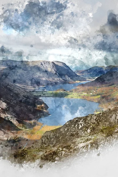 Buttermere Crummock Suyu Nun Epic Autumn Manzarasının Dijital Suluboya Tablosu — Stok fotoğraf