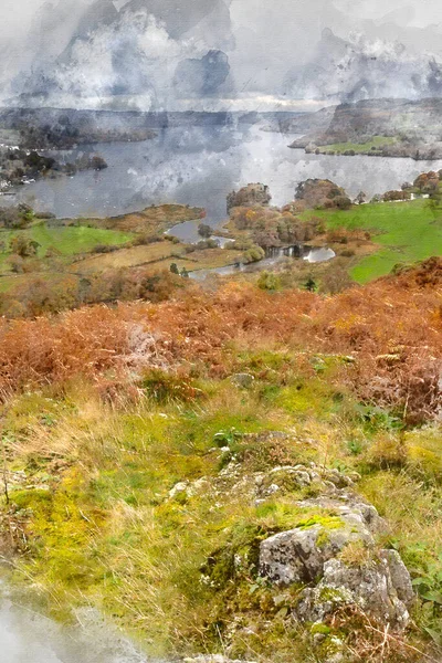 Digitale Aquarellmalerei Von Beautiful Autumn Fall Landschaft Bild Ansicht Von — Stockfoto