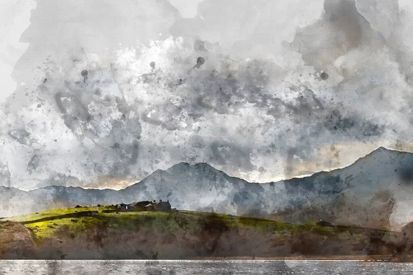 Digital Watercolor Painting Beautiful Epic Landscape Llynnau Mymbyr Snowdon Peak — Stock Photo, Image