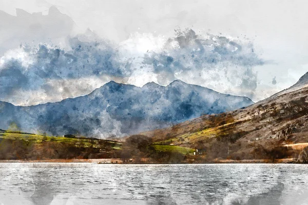 Cyfrowe Malarstwo Akwarelowe Piękny Epicki Krajobraz Llynnau Mymbyr Snowdon Szczyt — Zdjęcie stockowe