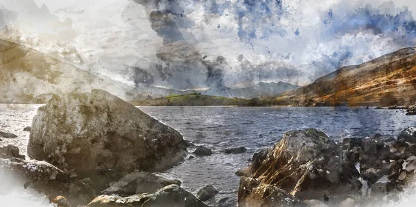Digitale Aquarellmalerei Von Schöne Epische Landschaft Von Llynnau Mymbyr Mit — Stockfoto