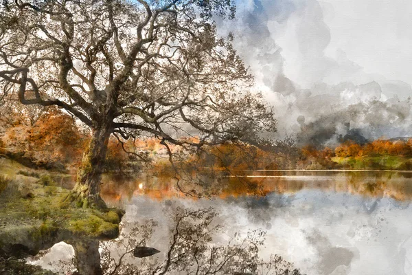 Цифровий Акварельний Живопис Осіннього Пейзажу Озера Під Час Сходу Сонця — стокове фото