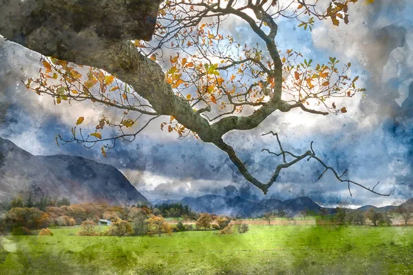 Digital Watercolor Painting Stunning Autumn Fall Landscape View Valley Mellbreak — Stock Photo, Image