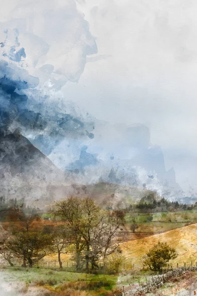 Pittura Digitale Acquerello Splendida Autunno Autunno Vista Paesaggio Lungo Valle — Foto Stock
