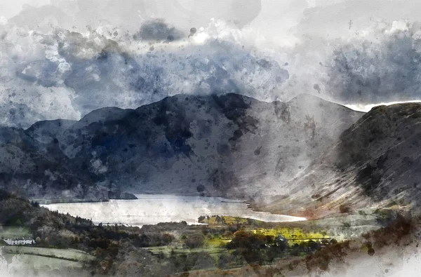 Digital Watercolor Painting Epic Sun Beams Light Crummock Water Dramatic — Stock Photo, Image