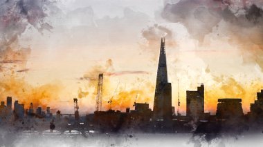 Dijital olarak, Londra şehri üzerinde Thames Nehri boyunca doğuya bakan Majestic Şafak Gündoğumu manzarasının suluboya resmini yarattı.