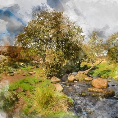 Nehrin sonbaharında Peak District 'teki ormanlık alanda akan güzel manzaranın dijital olarak yapılmış suluboya resmi.