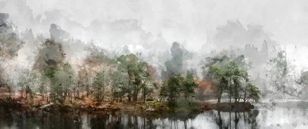 Aquarelle Réalisée Numériquement Beau Paysage Automnal Paisible Forêt Lac Avec — Photo