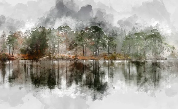 Digitalt Skapad Akvarellmålning Vackert Fridfullt Hösthöstlandskap Skog Och Sjö Med — Stockfoto