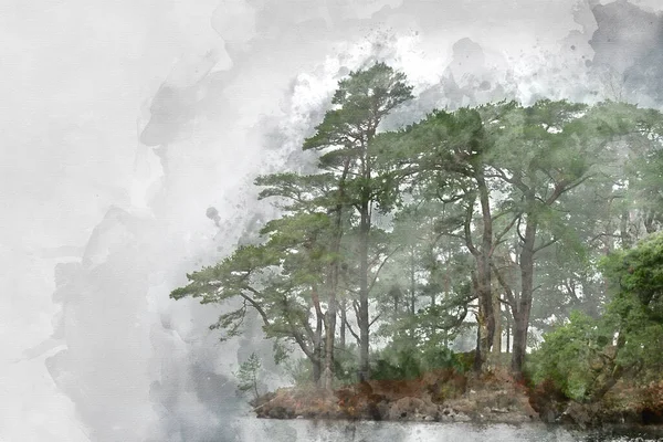 Aquarelle Réalisée Numériquement Beau Paysage Automnal Paisible Forêt Lac Avec — Photo