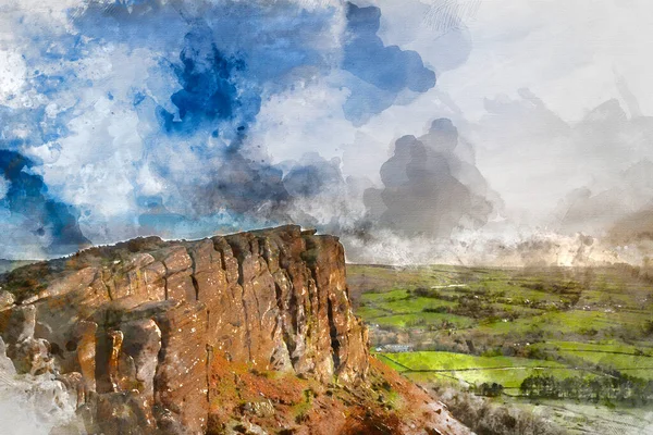 Pintura Acuarela Generada Digitalmente Del Impresionante Paisaje Invierno Peak District — Foto de Stock