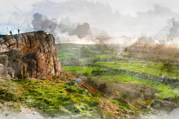 Pintura Acuarela Generada Digitalmente Del Impresionante Paisaje Invierno Peak District — Foto de Stock