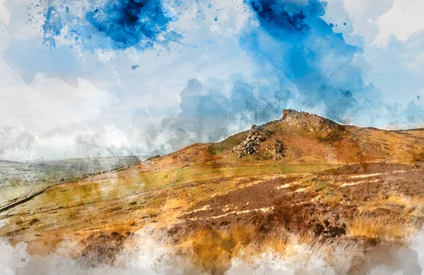 Digitally Generated Watercolor Painting Stunning Peak District Winter Landscape Ramsaw — Stock Photo, Image