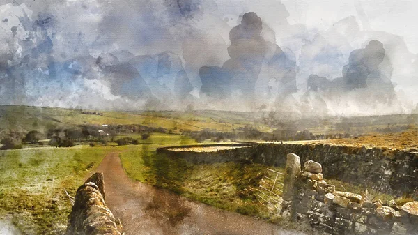 Digitally Generated Watercolor Painting Stunning Peak District Winter Landscape Late — Stock Photo, Image