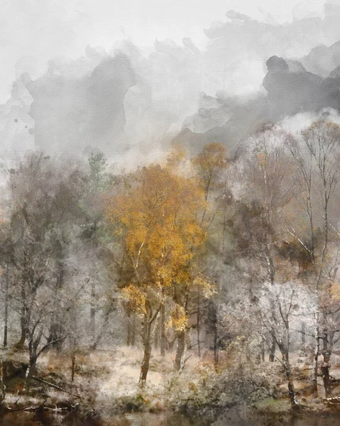 美しい静かな秋のデジタル水彩画早朝の霧霧の森の秋の風景 — ストック写真