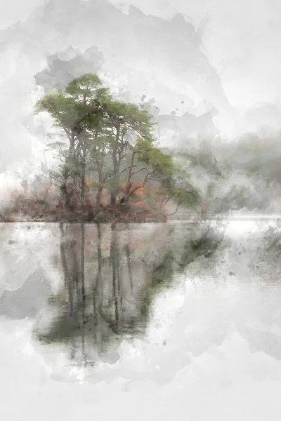 Aquarelle Numérique Belle Automne Paisible Paysage Automnal Bois Lac Avec — Photo