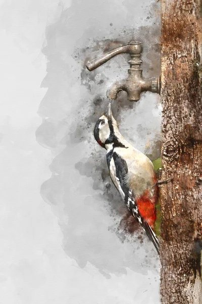 Digital Akvarellmålning Vacker Bild Leser Spotted Woodepecker Dendrocopos Minor Sidan — Stockfoto